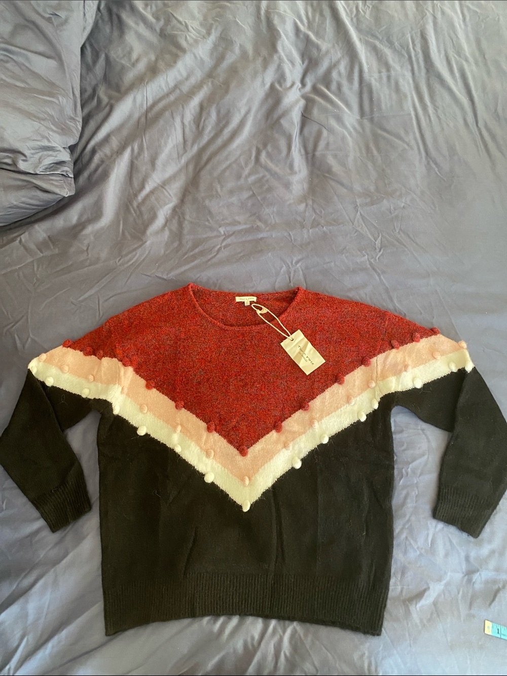 tea n rose Colorblock Pom-Pom Crew Sweater in Red, Pink, White, Black
